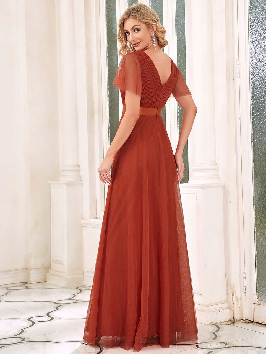 Double V-Neck Floor-Length Short Sleeve Tulle Bridesmaid Dresses #color_Burnt Orange