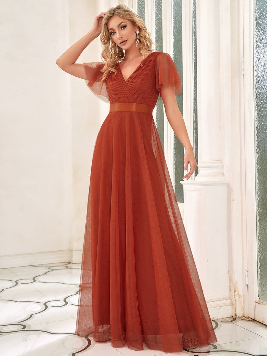 Double V-Neck Floor-Length Short Sleeve Tulle Bridesmaid Dresses #color_Burnt Orange