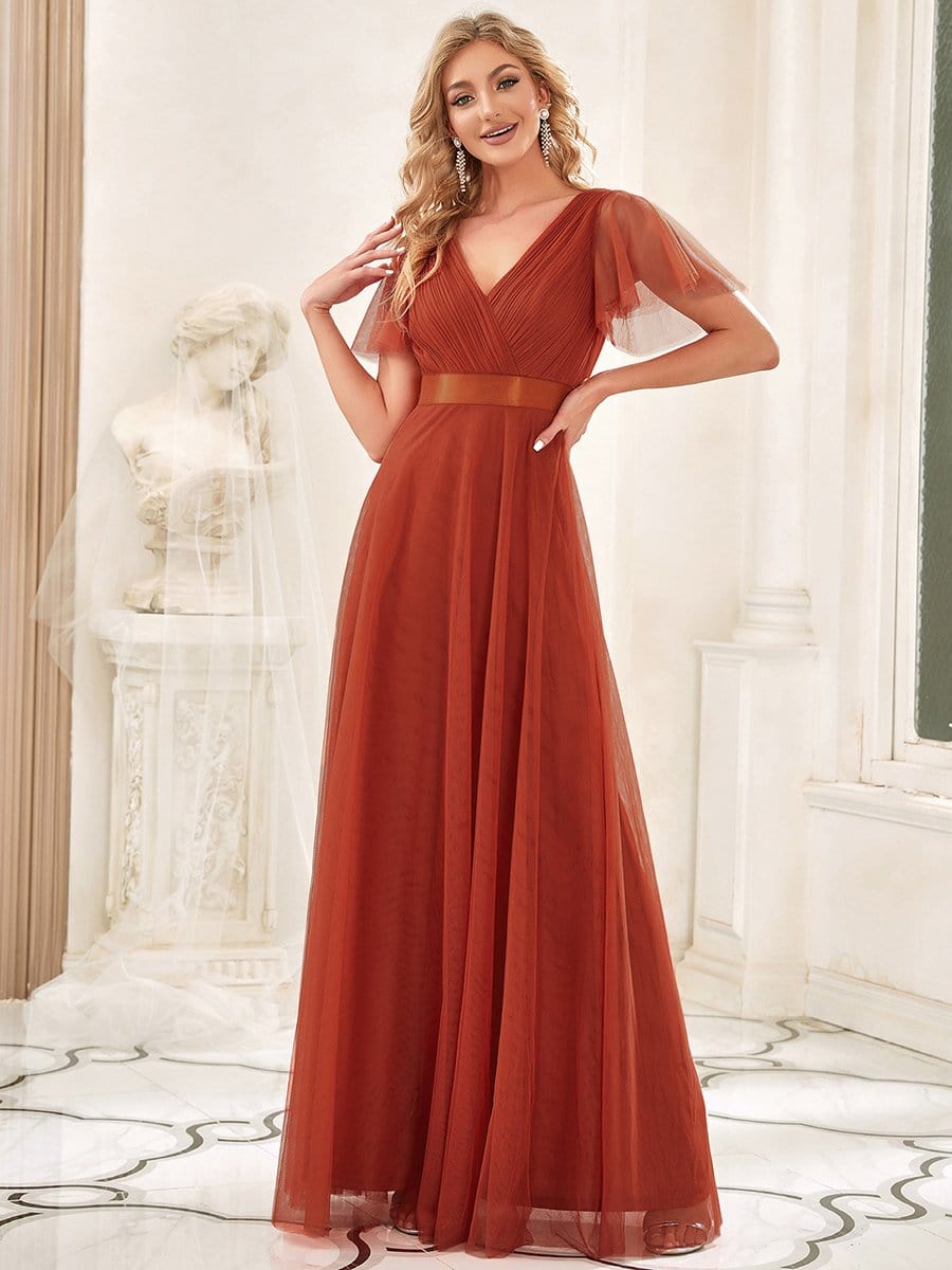 Double V-Neck Floor-Length Short Sleeve Tulle Bridesmaid Dresses #color_Burnt Orange