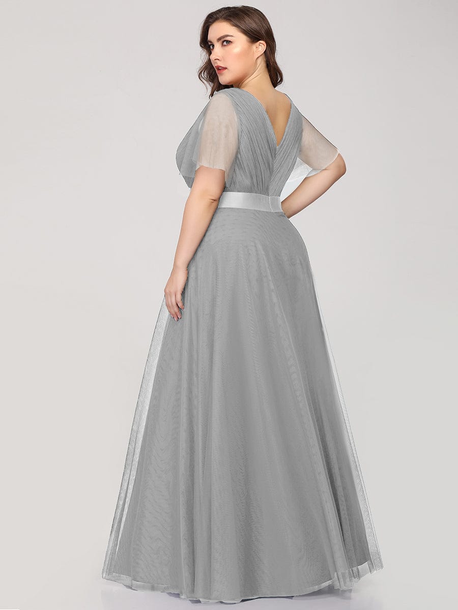 Double V-Neck Floor-Length Short Sleeve Tulle Bridesmaid Dresses #color_Grey