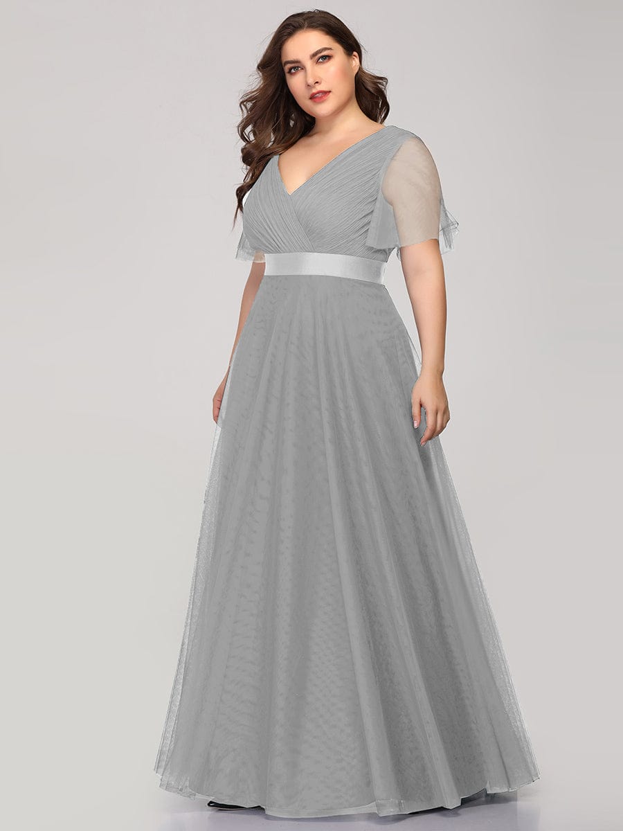 Double V-Neck Floor-Length Short Sleeve Tulle Bridesmaid Dresses #color_Grey