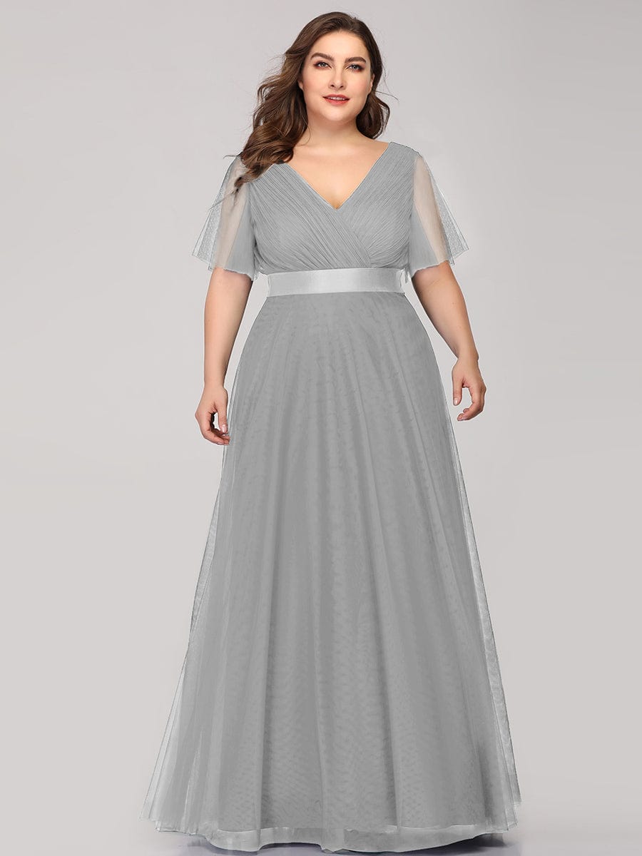 Double V-Neck Floor-Length Short Sleeve Tulle Bridesmaid Dresses #color_Grey