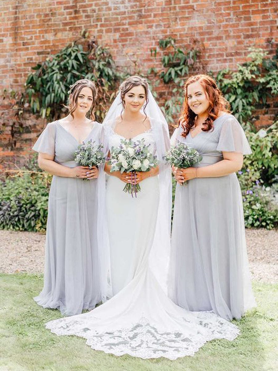 Double V-Neck Floor-Length Short Sleeve Tulle Bridesmaid Dresses #color_Grey