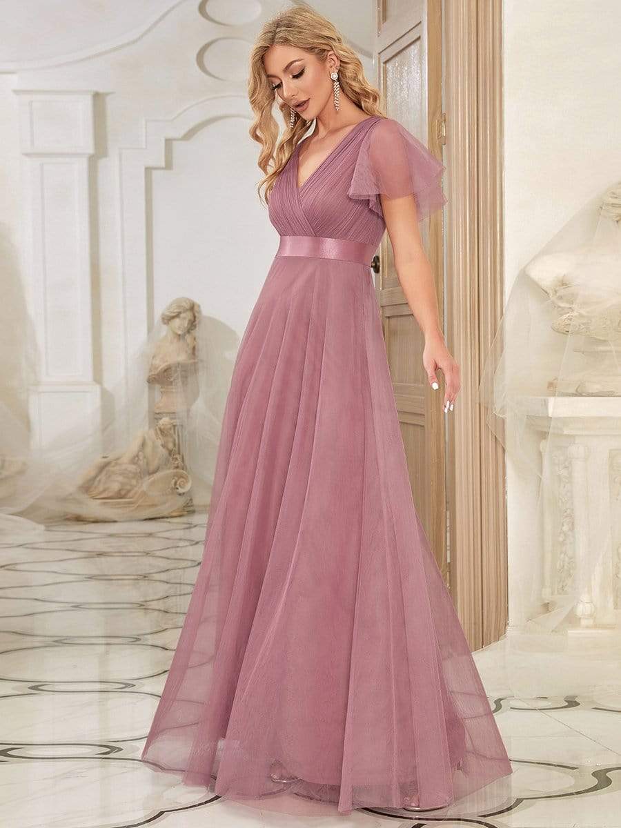 Double V-Neck Floor-Length Short Sleeve Tulle Bridesmaid Dresses #color_Purple Orchid