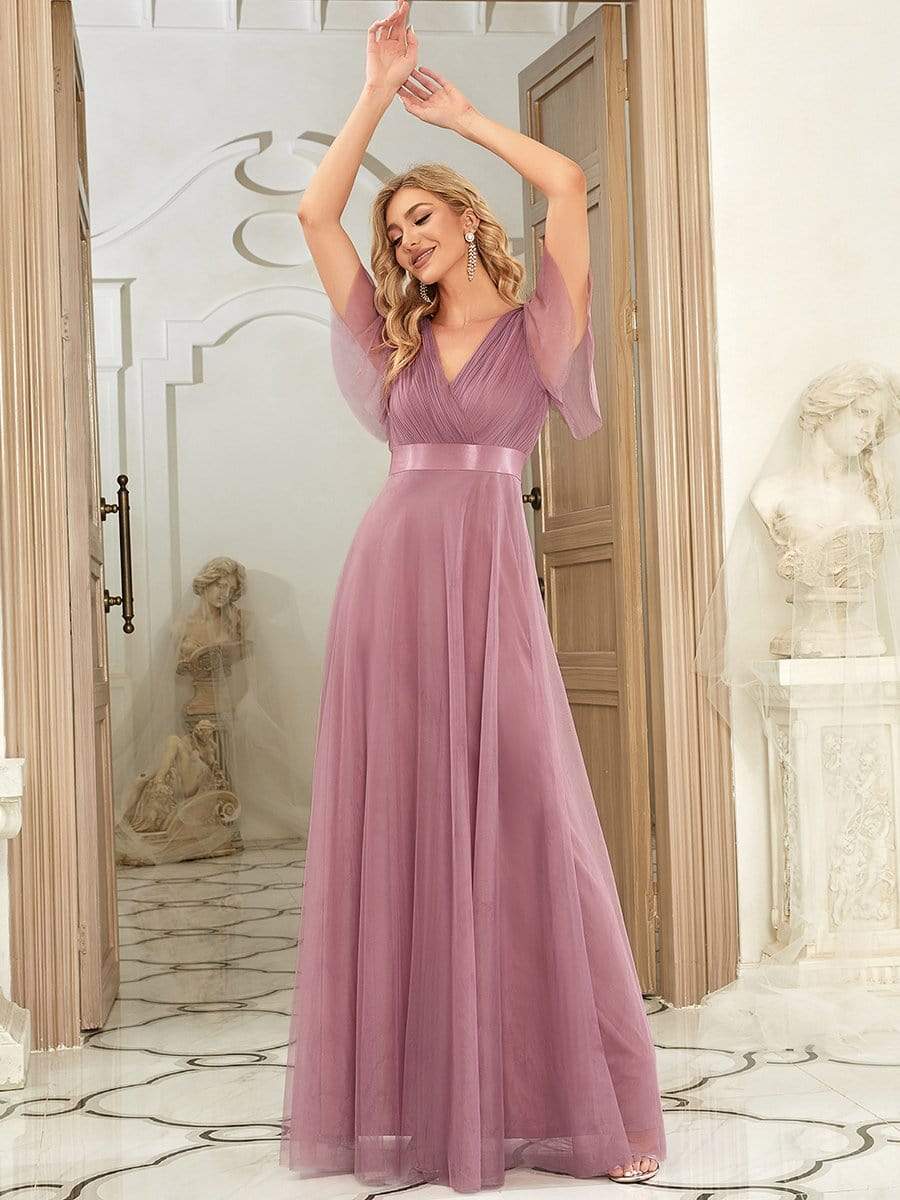 Double V-Neck Floor-Length Short Sleeve Tulle Bridesmaid Dresses #color_Purple Orchid