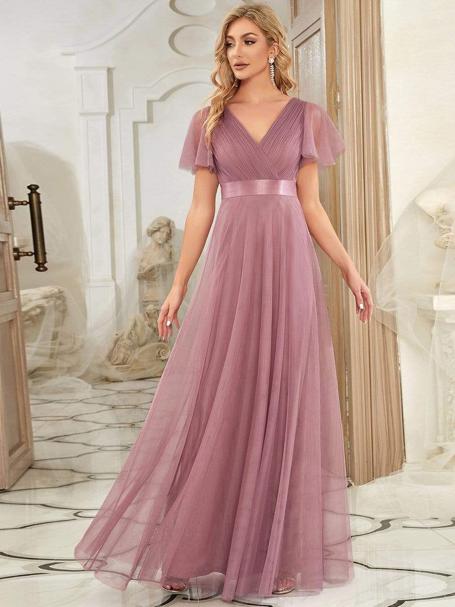 Double V-Neck Floor-Length Short Sleeve Tulle Bridesmaid Dresses #color_Purple Orchid