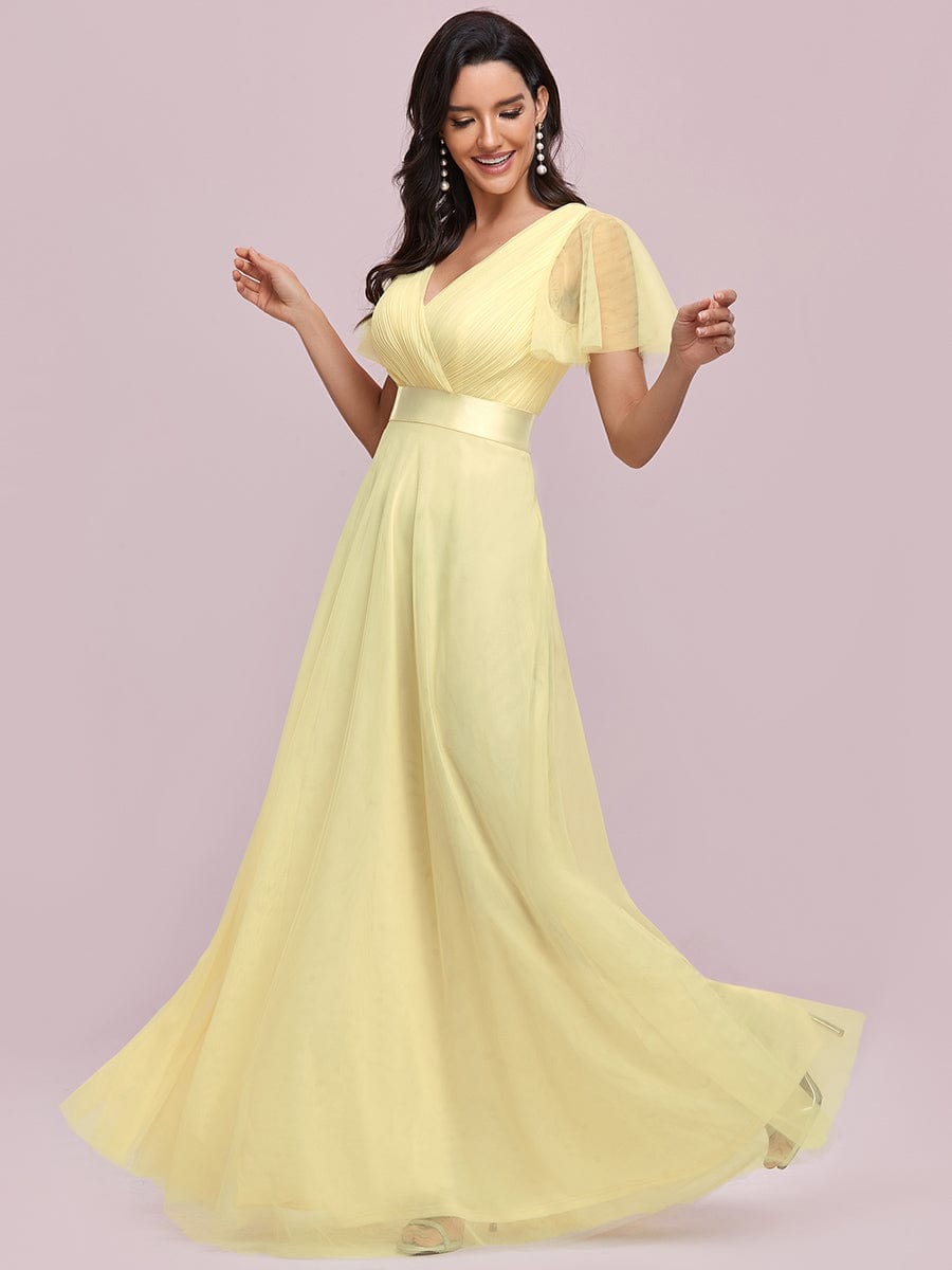 Double V-Neck Floor-Length Short Sleeve Tulle Bridesmaid Dresses #color_Yellow