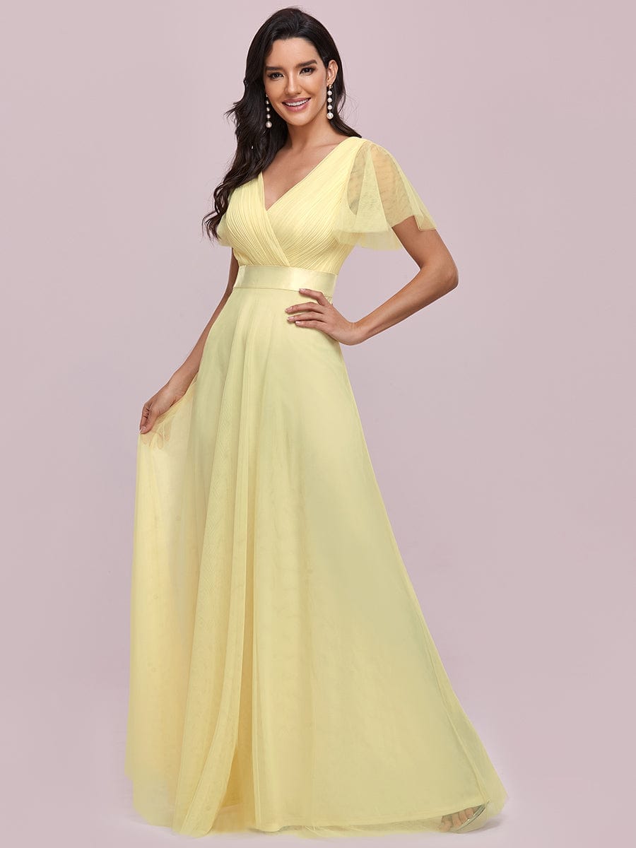 Double V-Neck Floor-Length Short Sleeve Tulle Bridesmaid Dresses #color_Yellow