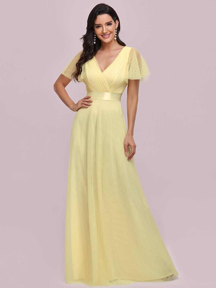 Double V-Neck Floor-Length Short Sleeve Tulle Bridesmaid Dresses #color_Yellow