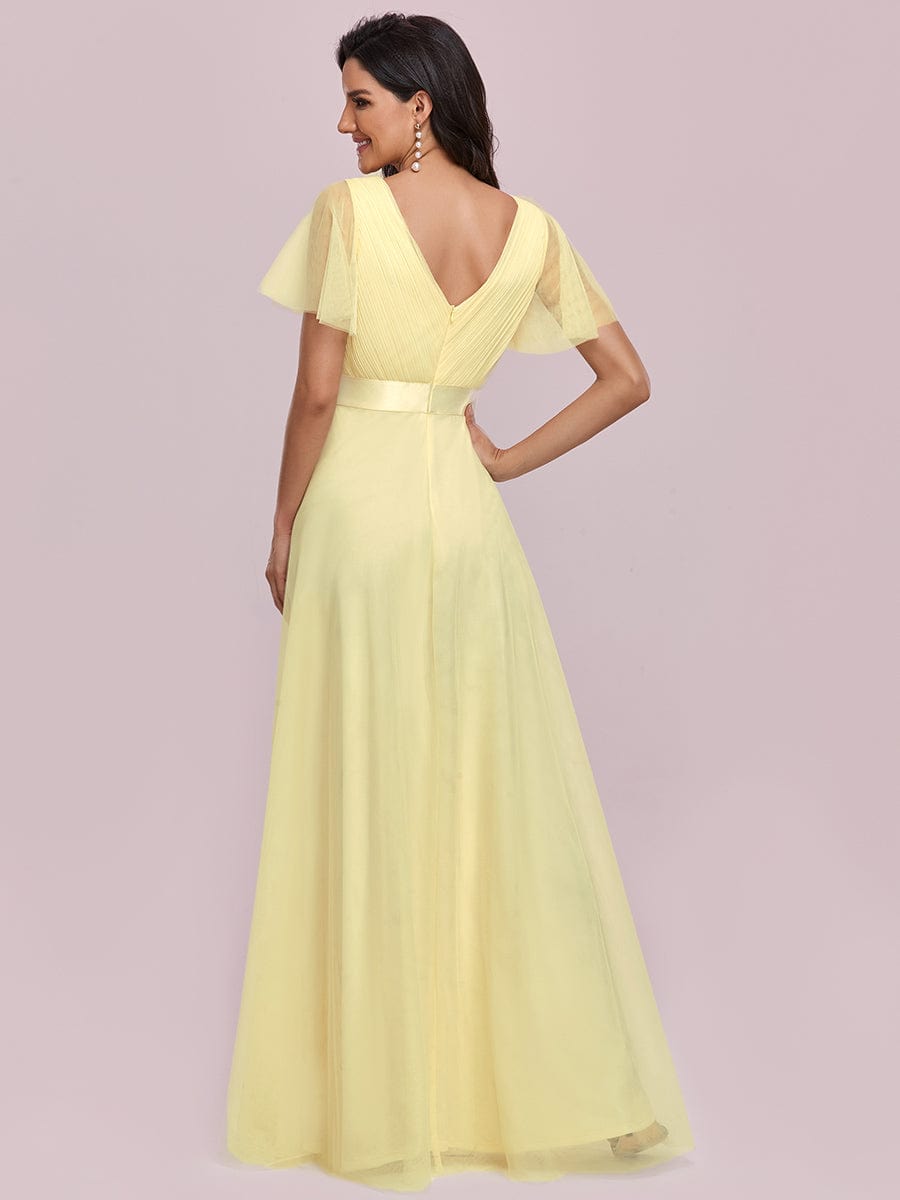 Double V-Neck Floor-Length Short Sleeve Tulle Bridesmaid Dresses #color_Yellow