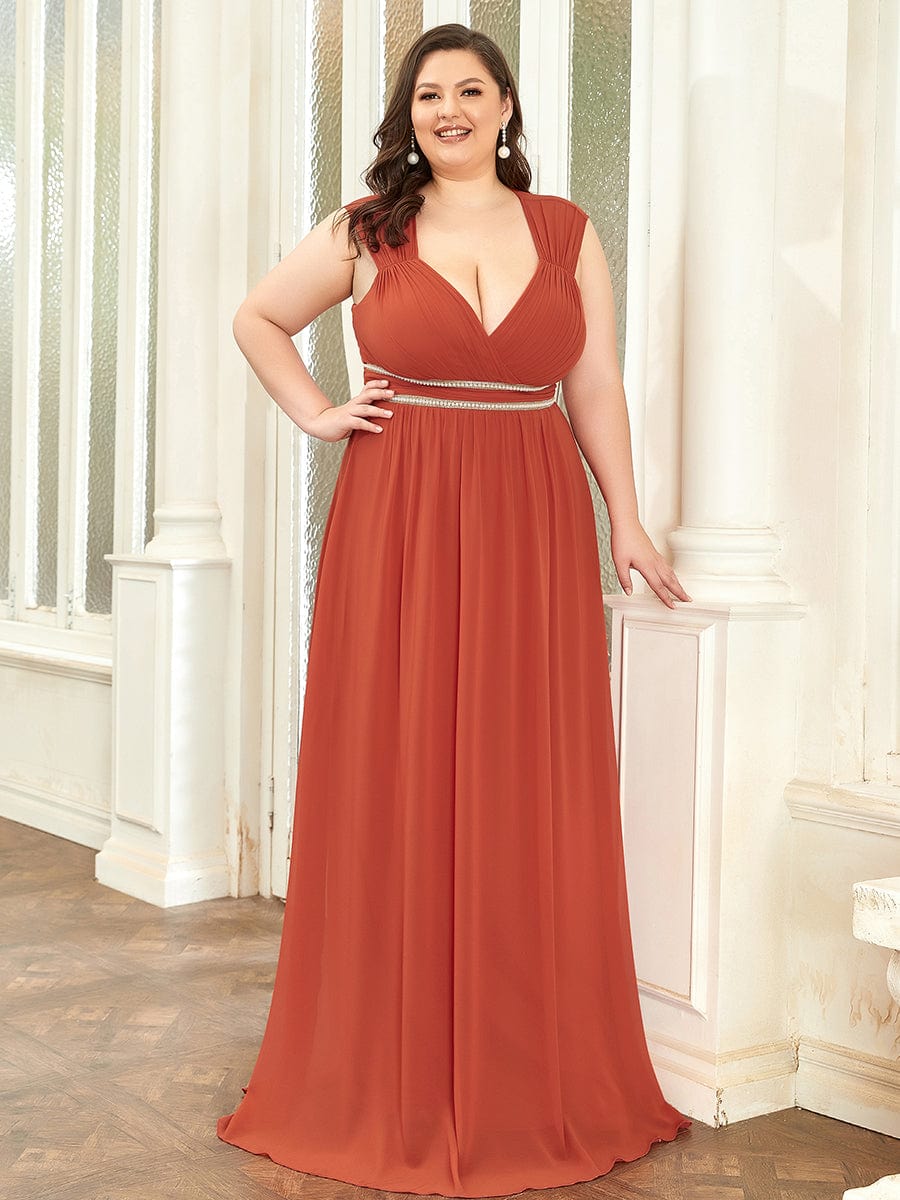 V-Neck Sleeveless Beaded Belt Chiffon A-Line Evening Dress #color_Burnt Orange