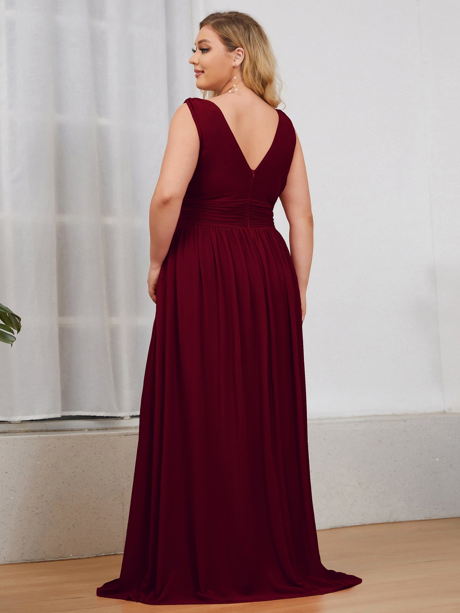 Plus Size Sleeveless V-Neck Semi-Formal Chiffon Bridesmaid Dress #color_Burgundy