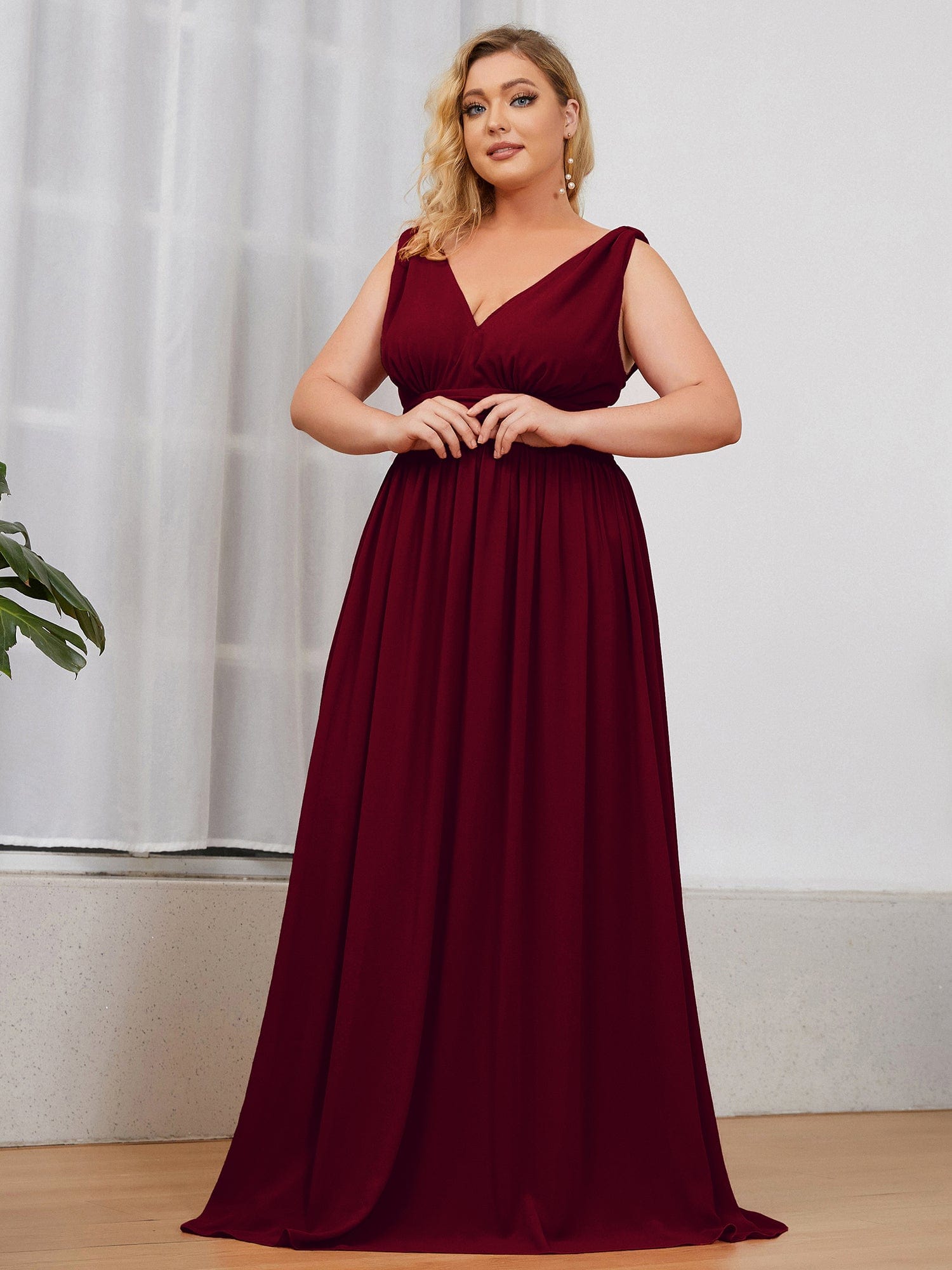 Plus Size Sleeveless V-Neck Semi-Formal Chiffon Bridesmaid Dress #color_Burgundy