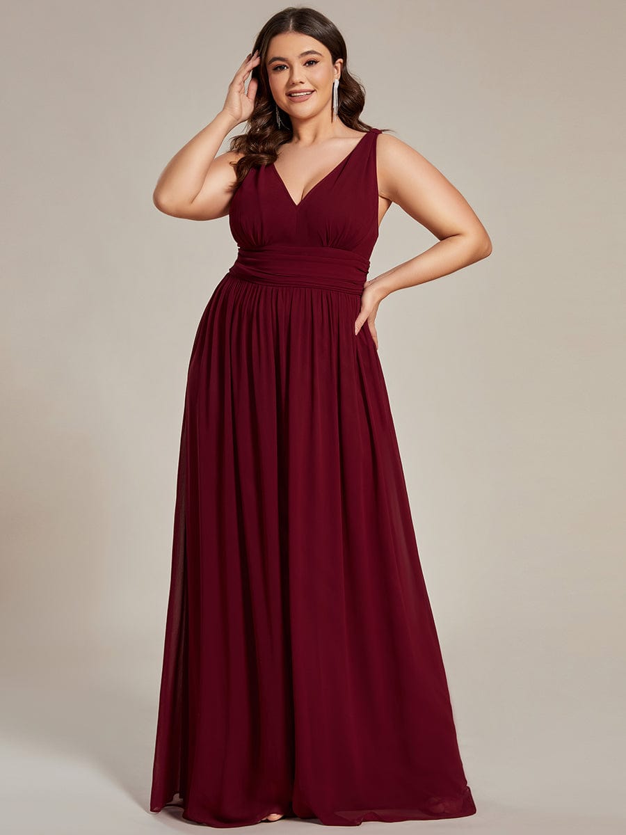 Custom Size Chiffon Sleeveless V-Neck Maxi Bridesmaid Dress #color_Burgundy