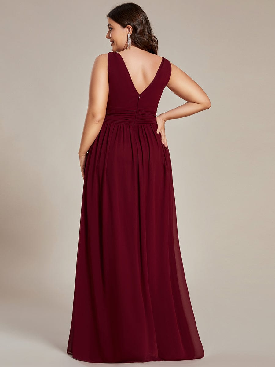 Custom Size Chiffon Sleeveless V-Neck Maxi Bridesmaid Dress #color_Burgundy