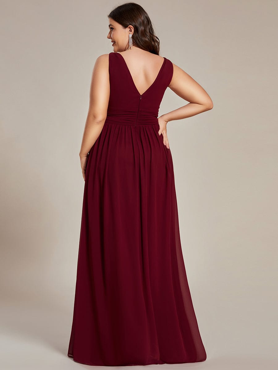 Pleated Sleeveless V-Neck Chiffon Maxi Dress #color_Burgundy