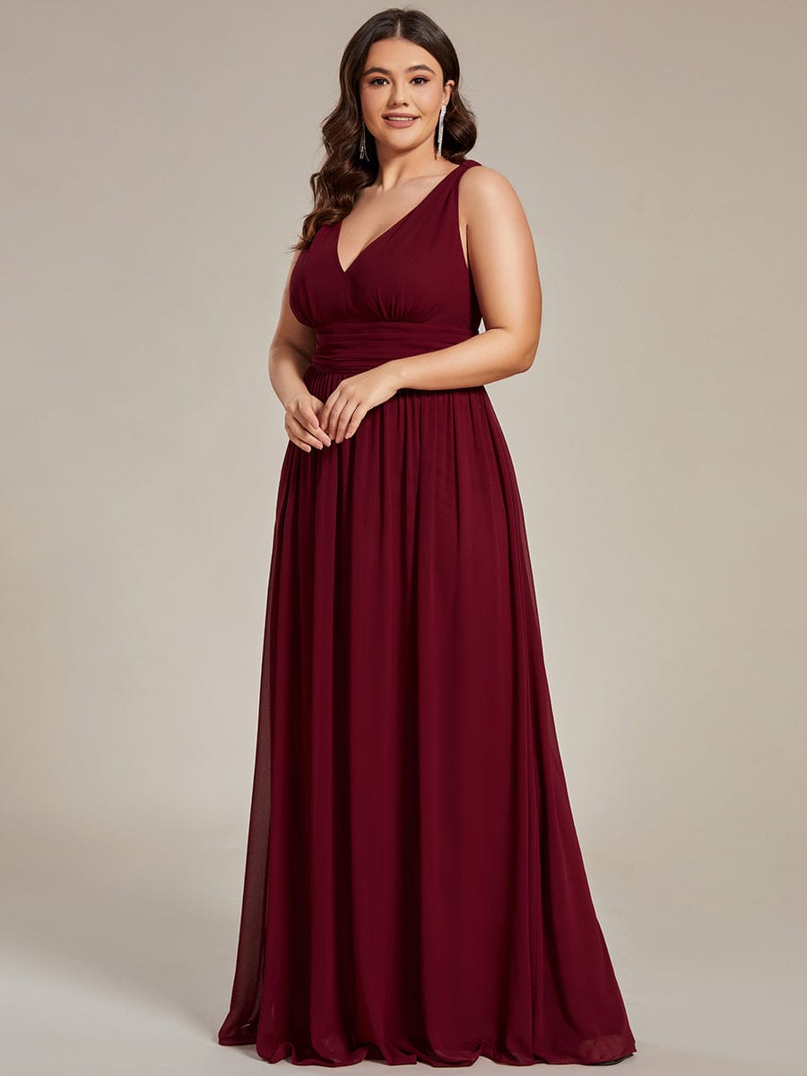 Custom Size Chiffon Sleeveless V-Neck Maxi Bridesmaid Dress #color_Burgundy