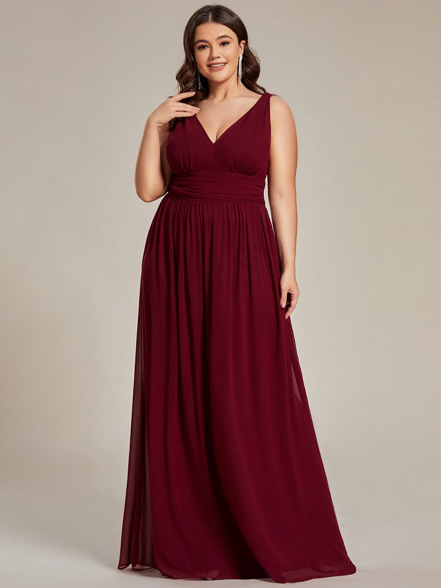 Custom Size Chiffon Sleeveless V-Neck Maxi Bridesmaid Dress #color_Burgundy