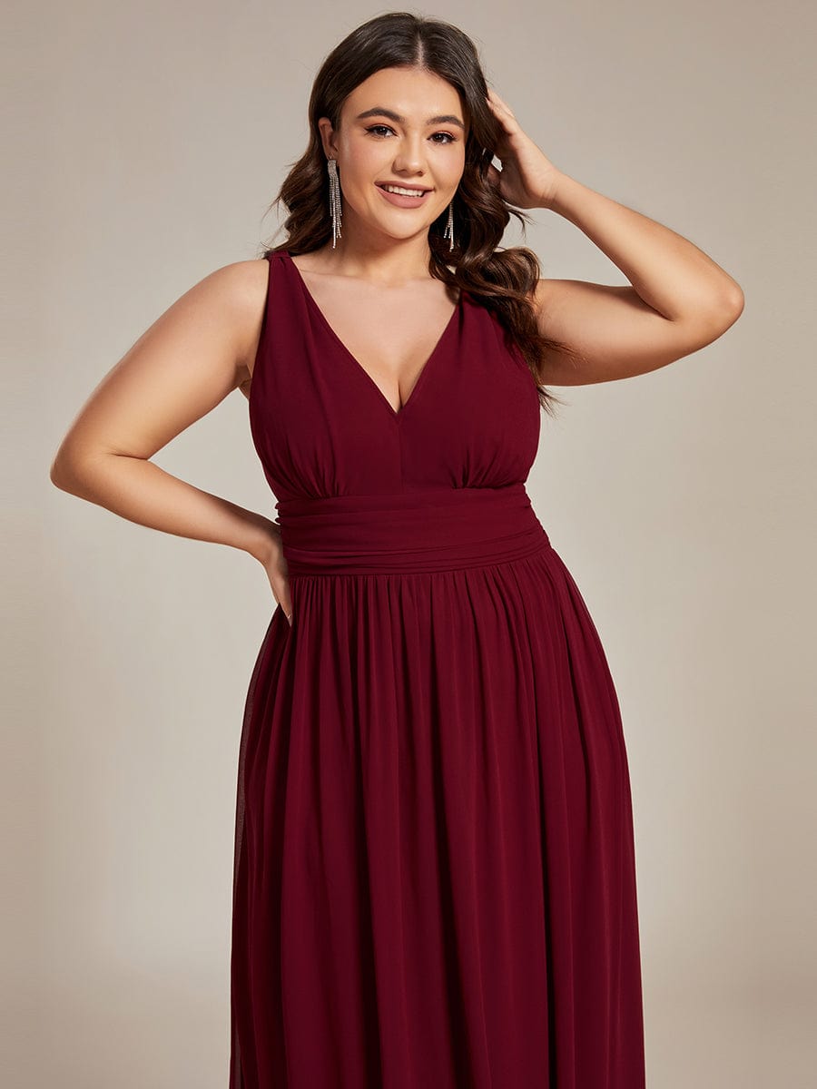 Custom Size Chiffon Sleeveless V-Neck Maxi Bridesmaid Dress #color_Burgundy