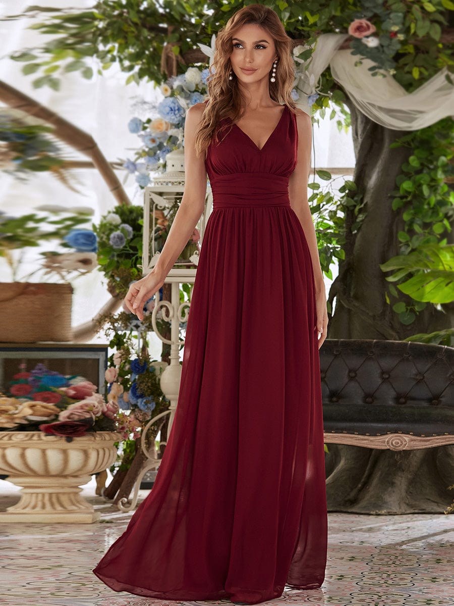 Pleated Sleeveless V-Neck Chiffon Maxi Dress #color_Burgundy