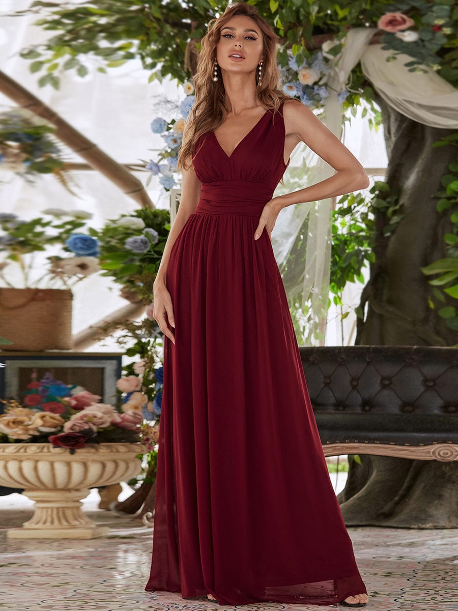 Pleated Sleeveless V-Neck Chiffon Maxi Dress #color_Burgundy