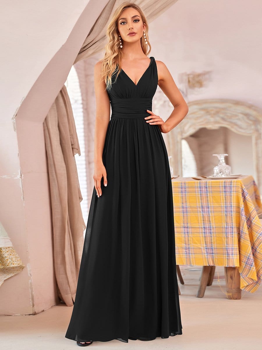 Pleated Sleeveless V-Neck Chiffon Maxi Dress #color_Black