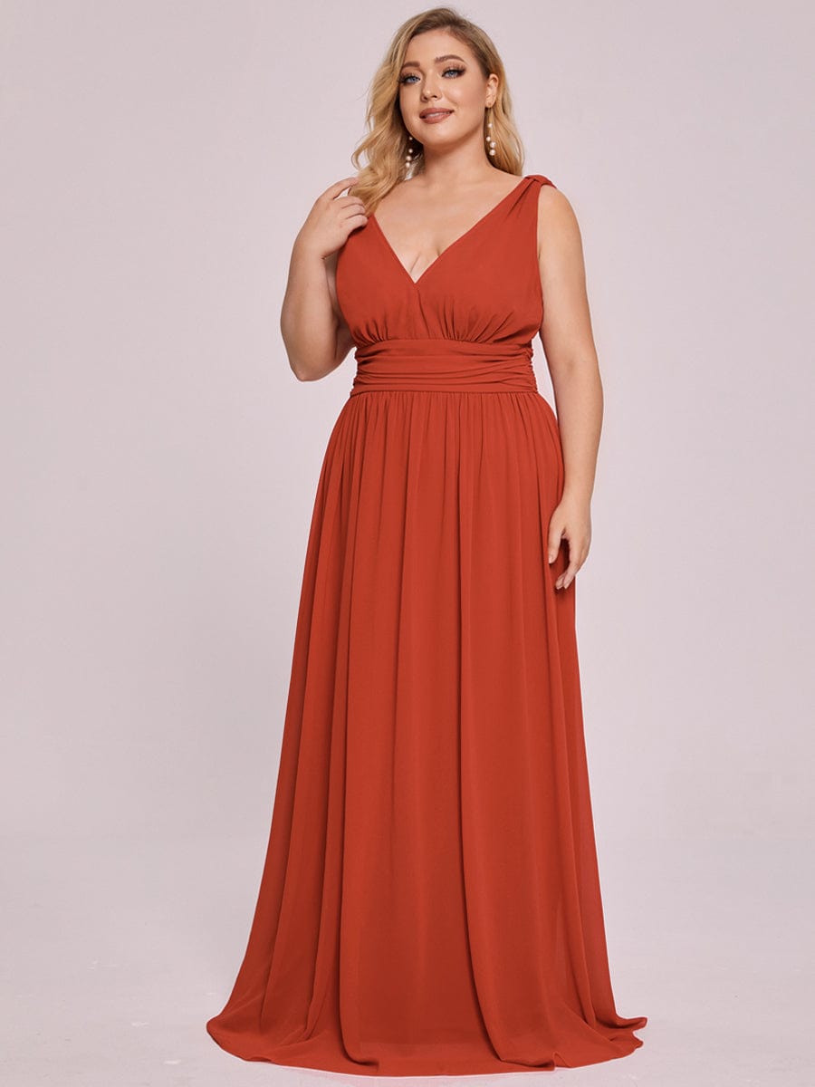 Custom Size Chiffon Sleeveless V-Neck Maxi Bridesmaid Dress #color_Burnt Orange