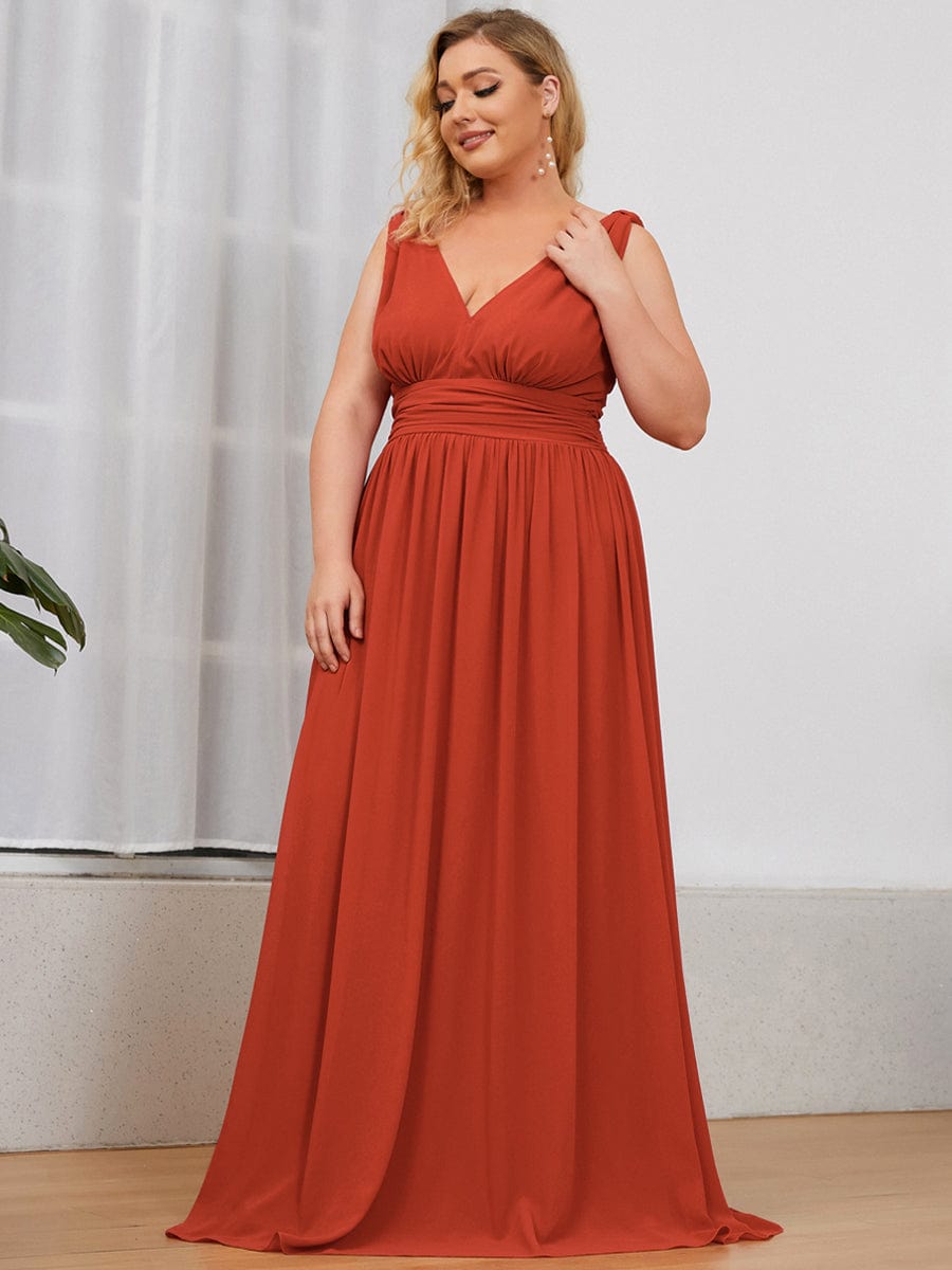 Custom Size Chiffon Sleeveless V-Neck Maxi Bridesmaid Dress #color_Burnt Orange