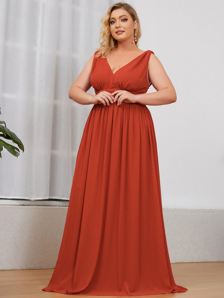 Plus Size Sleeveless V-Neck Semi-Formal Chiffon Bridesmaid Dress #color_Burnt Orange