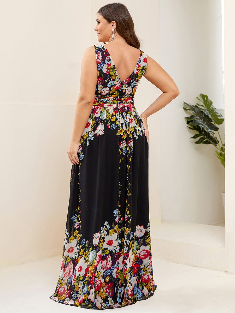 Plus Size Sleeveless V-Neck Semi-Formal Chiffon Bridesmaid Dress #color_Black and Printed