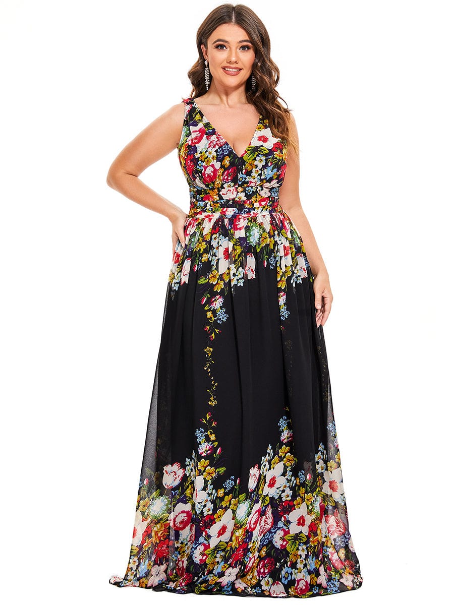 Custom Size Chiffon Sleeveless V-Neck Maxi Bridesmaid Dress #color_Black and Printed