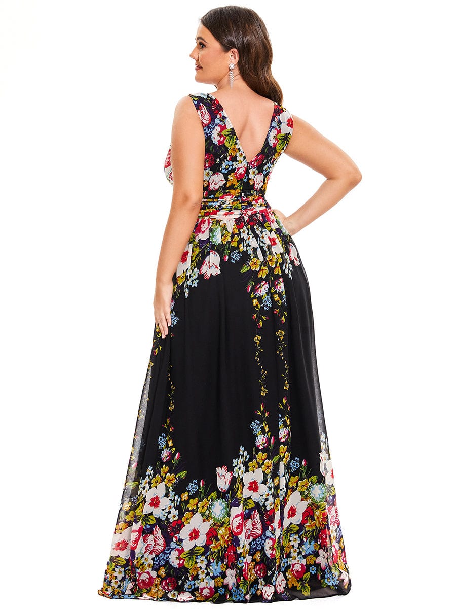 Custom Size Chiffon Sleeveless V-Neck Maxi Bridesmaid Dress #color_Black and Printed