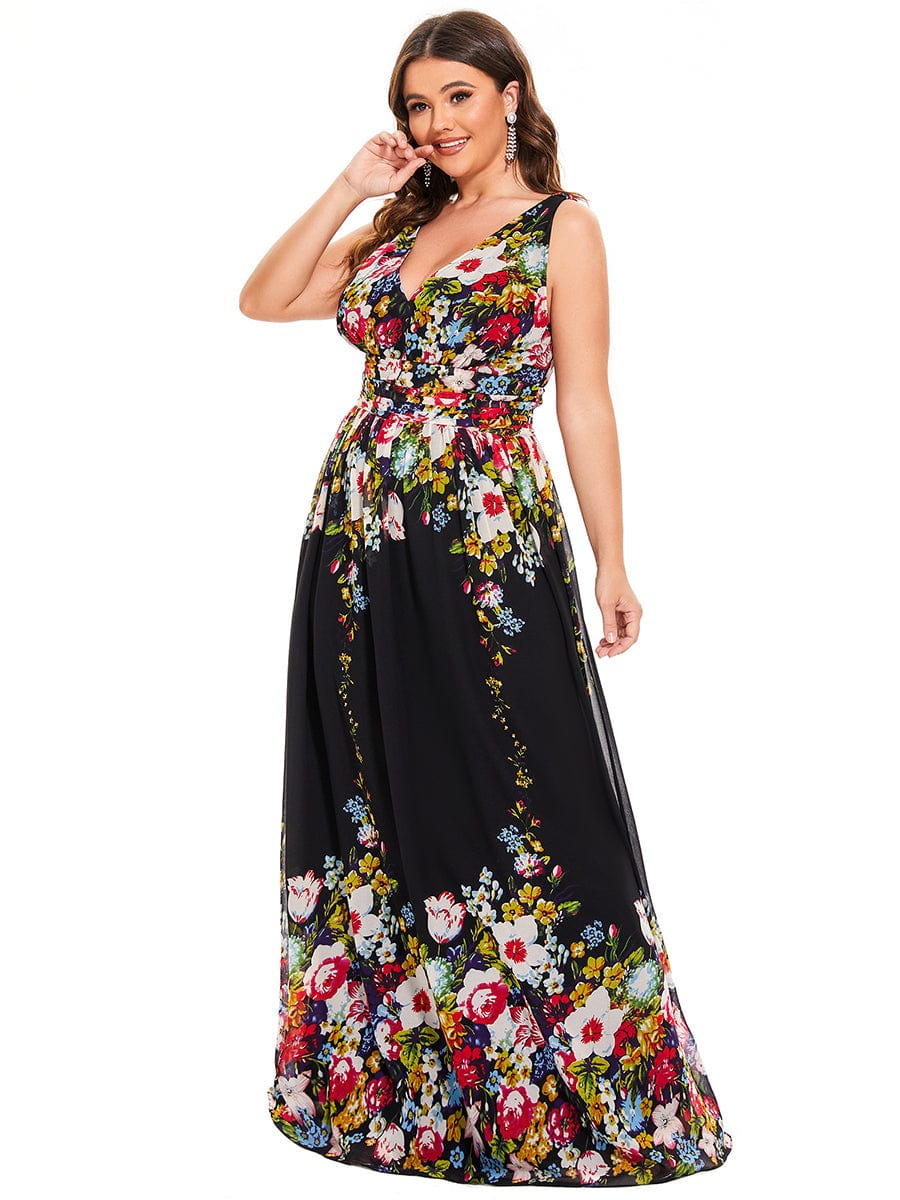 Custom Size Chiffon Sleeveless V-Neck Maxi Bridesmaid Dress #color_Black and Printed