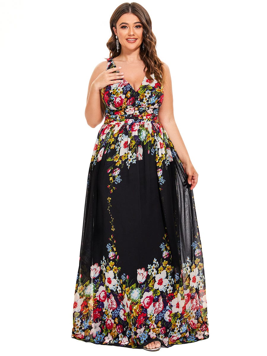 Custom Size Chiffon Sleeveless V-Neck Maxi Bridesmaid Dress #color_Black and Printed