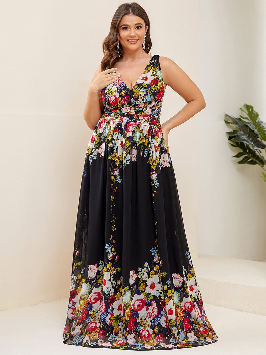 Pleated Sleeveless V-Neck Chiffon Maxi Dress #color_Black and Printed