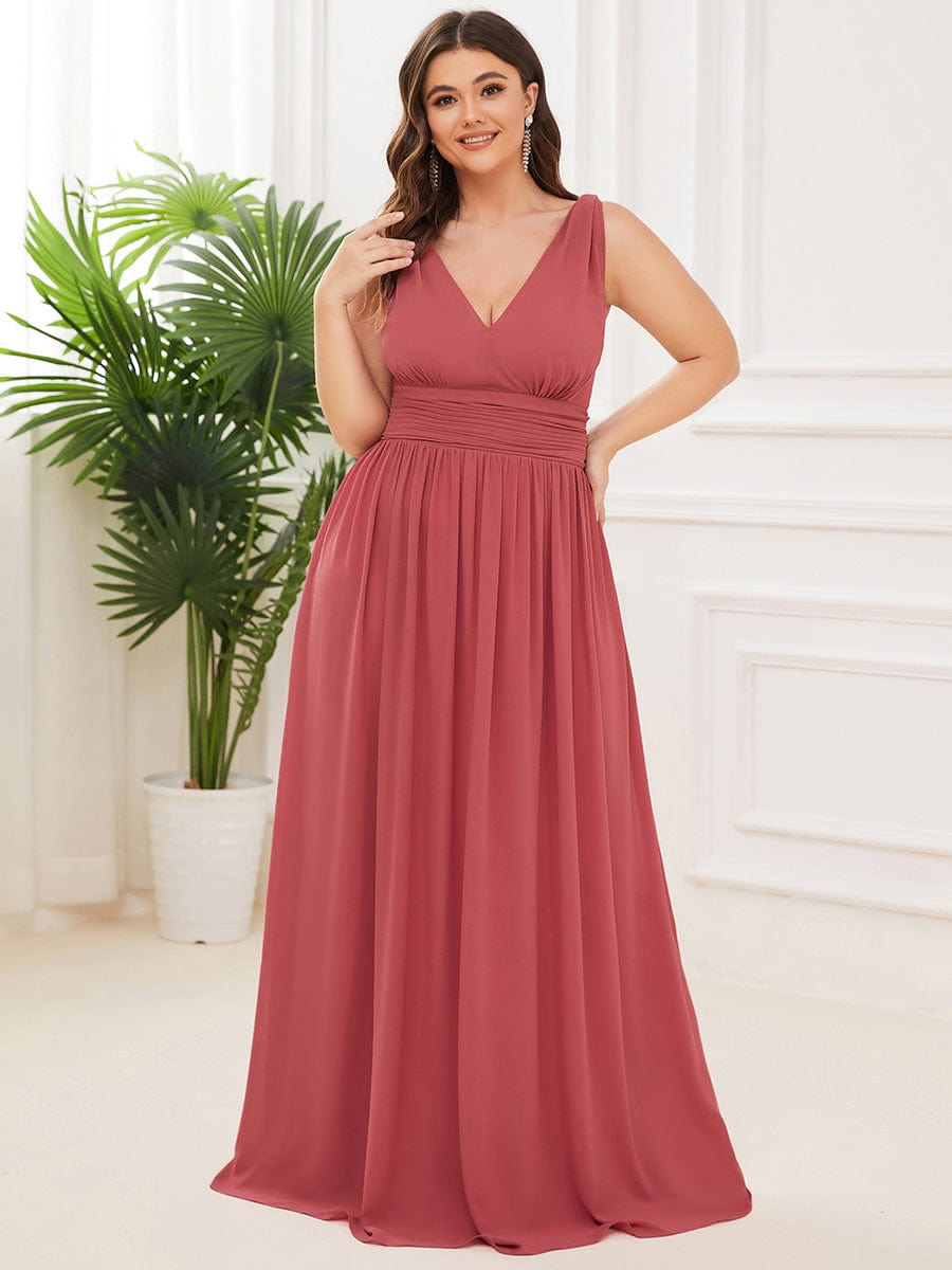 Custom Size Chiffon Sleeveless V-Neck Maxi Bridesmaid Dress #color_Cameo Brown