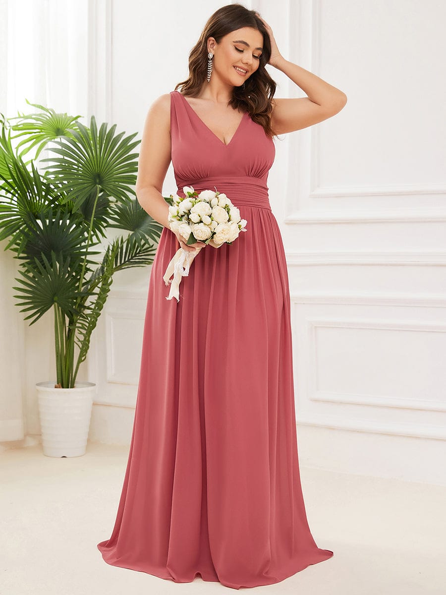 Plus Size Sleeveless V-Neck Semi-Formal Chiffon Bridesmaid Dress #color_Cameo Brown