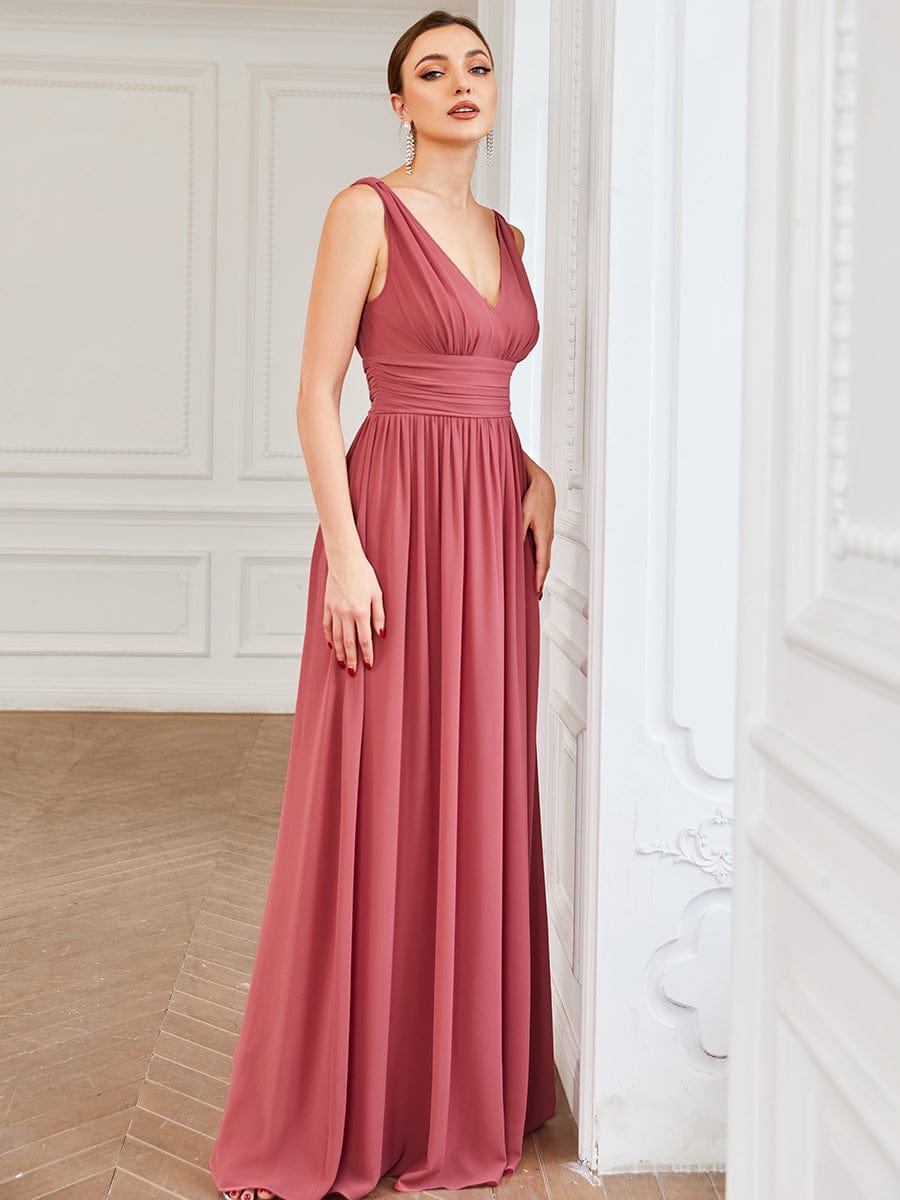 Pleated Sleeveless V-Neck Chiffon Maxi Dress #color_Cameo Brown