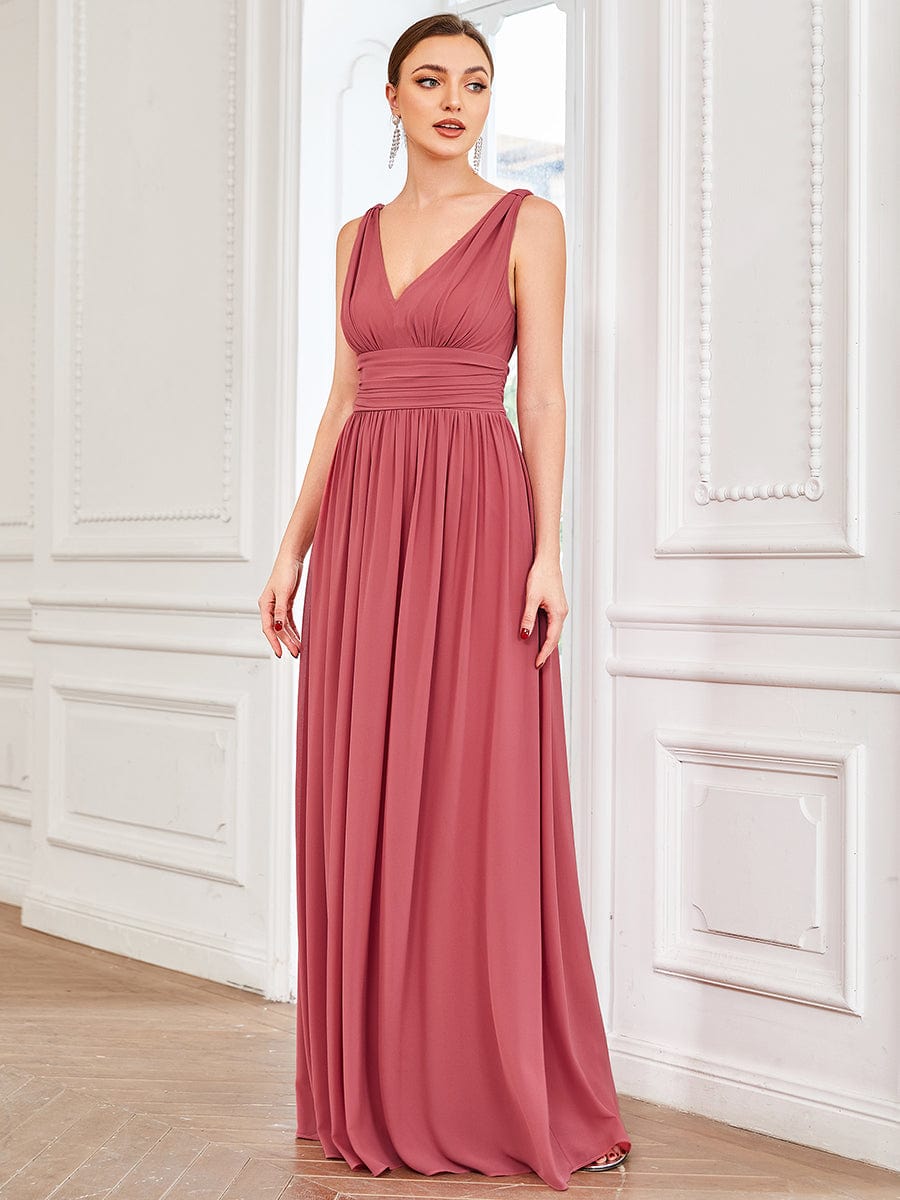 Pleated Sleeveless V-Neck Chiffon Maxi Dress #color_Cameo Brown