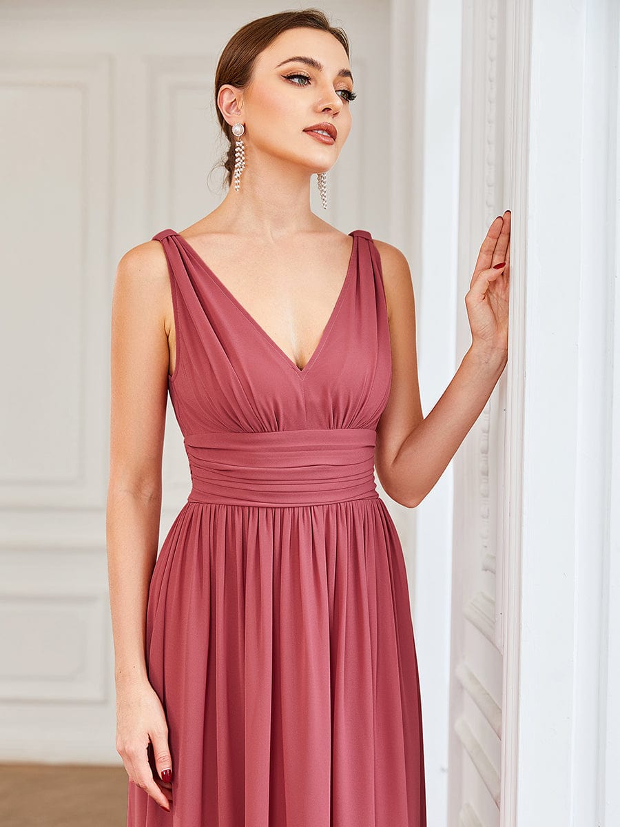 Pleated Sleeveless V-Neck Chiffon Maxi Dress #color_Cameo Brown