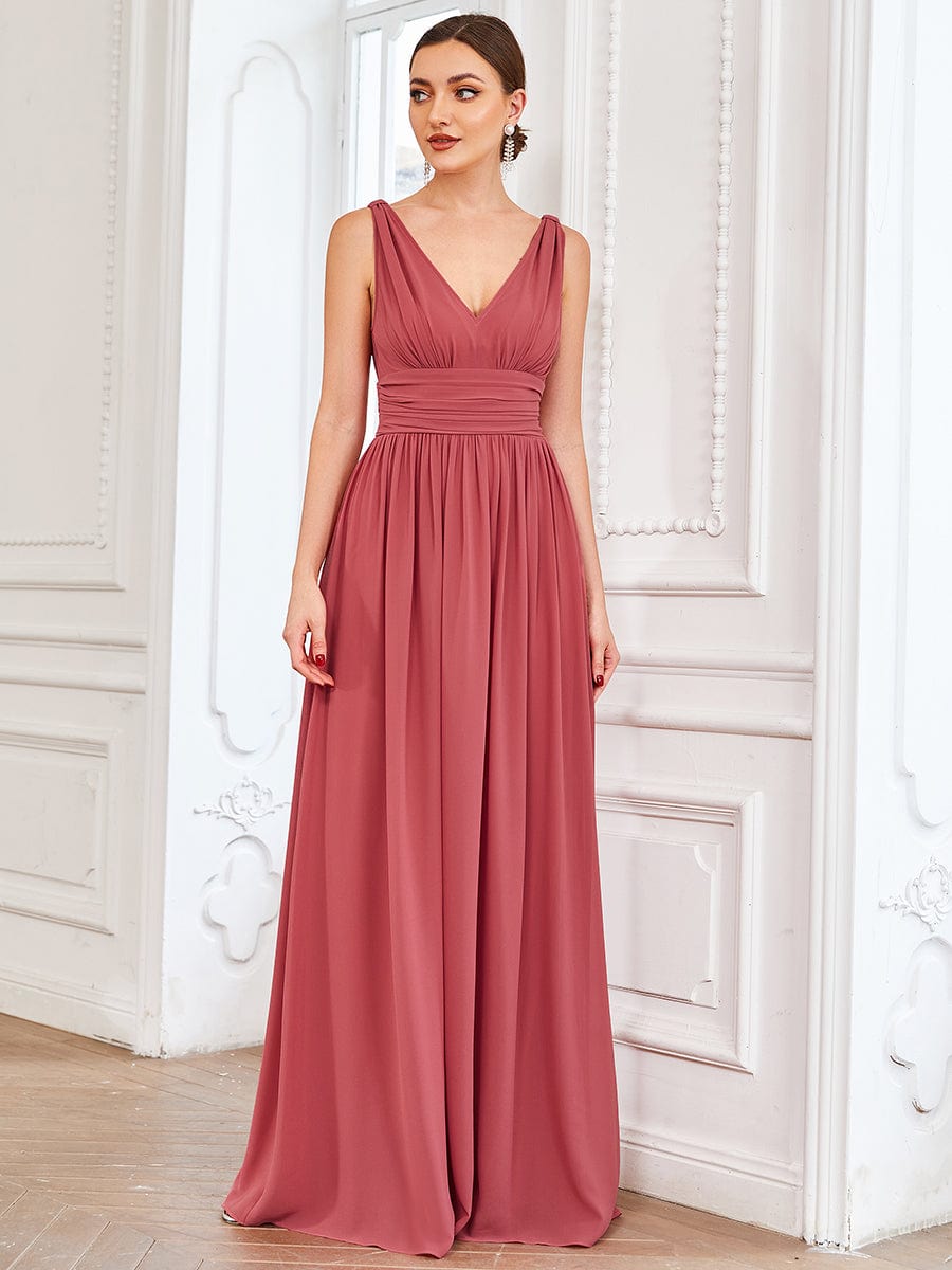 Pleated Sleeveless V-Neck Chiffon Maxi Dress #color_Cameo Brown