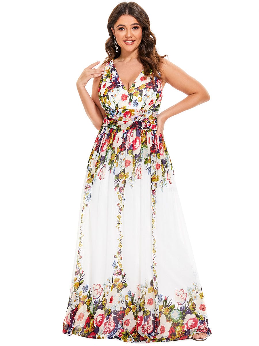 Custom Size Chiffon Sleeveless V-Neck Maxi Bridesmaid Dress #color_Printed Cream