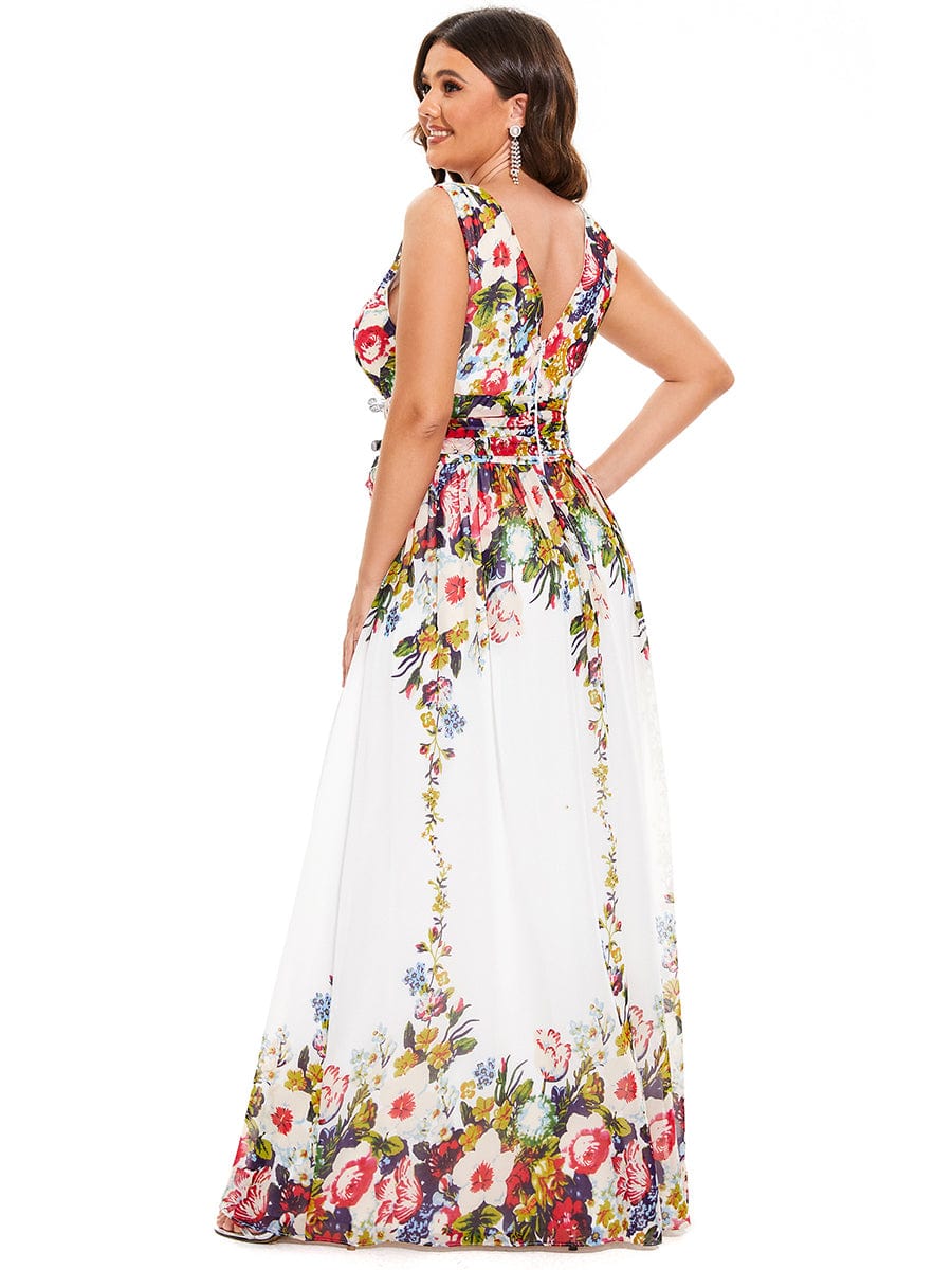 Custom Size Chiffon Sleeveless V-Neck Maxi Bridesmaid Dress #color_Printed Cream