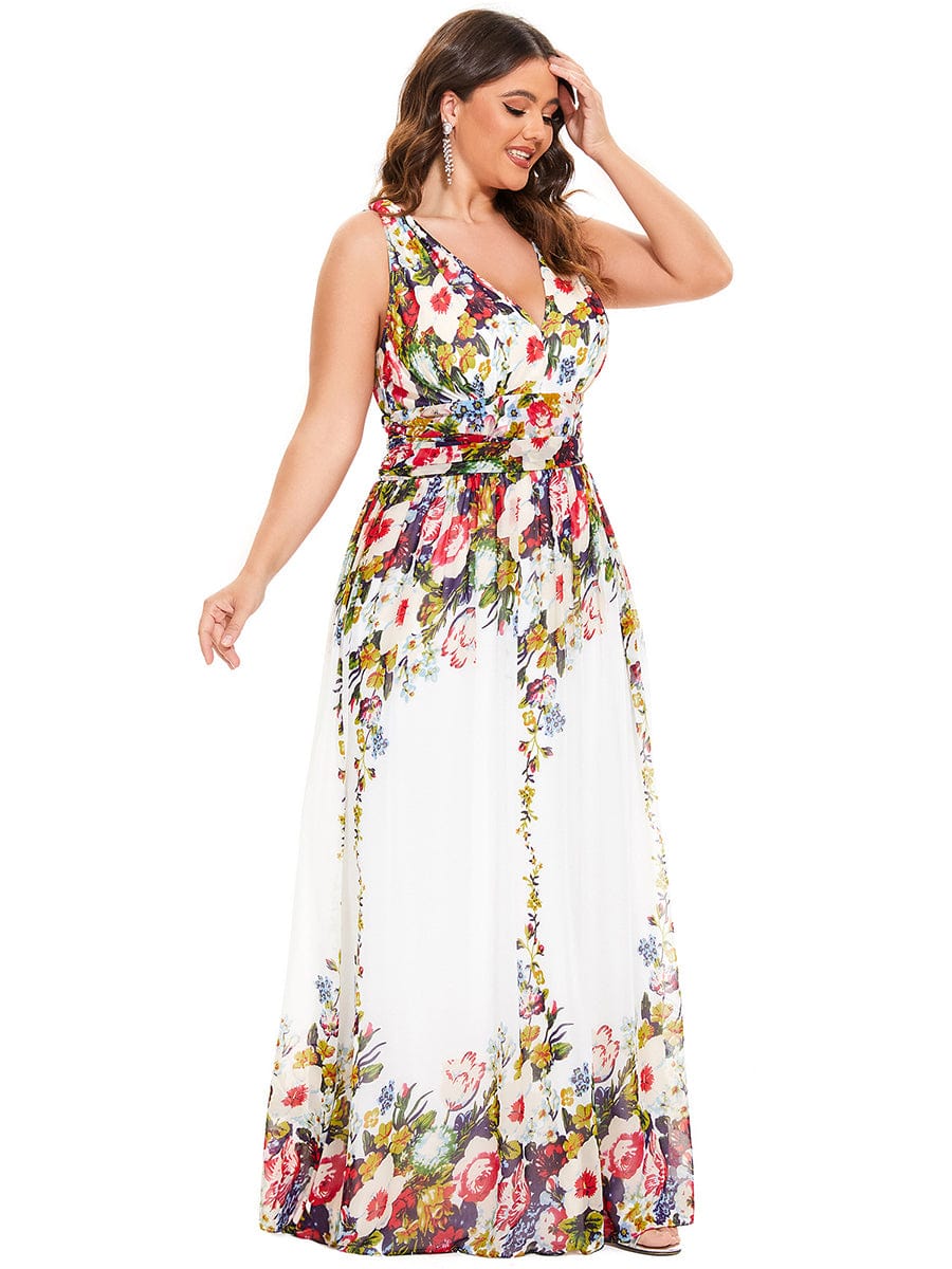 Custom Size Chiffon Sleeveless V-Neck Maxi Bridesmaid Dress #color_Printed Cream