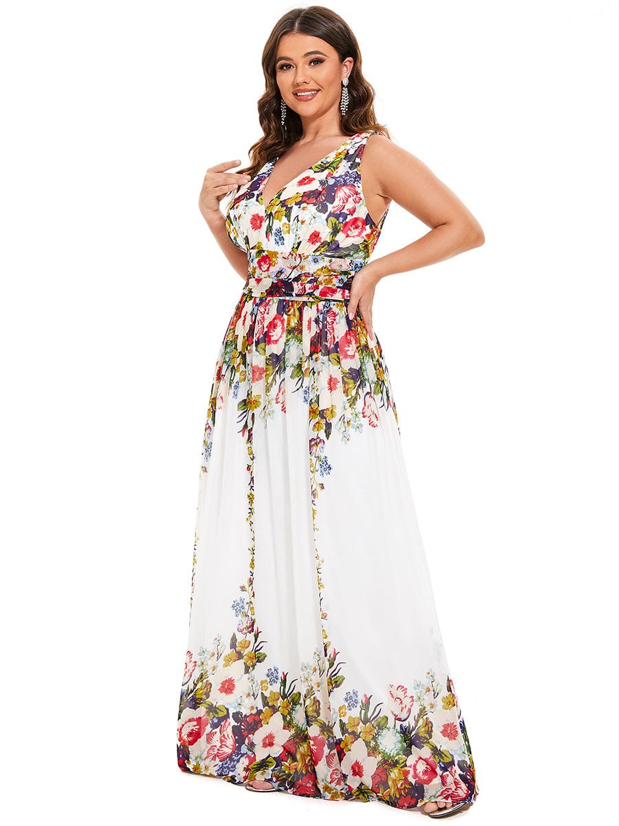 Custom Size Chiffon Sleeveless V-Neck Maxi Bridesmaid Dress #color_Printed Cream