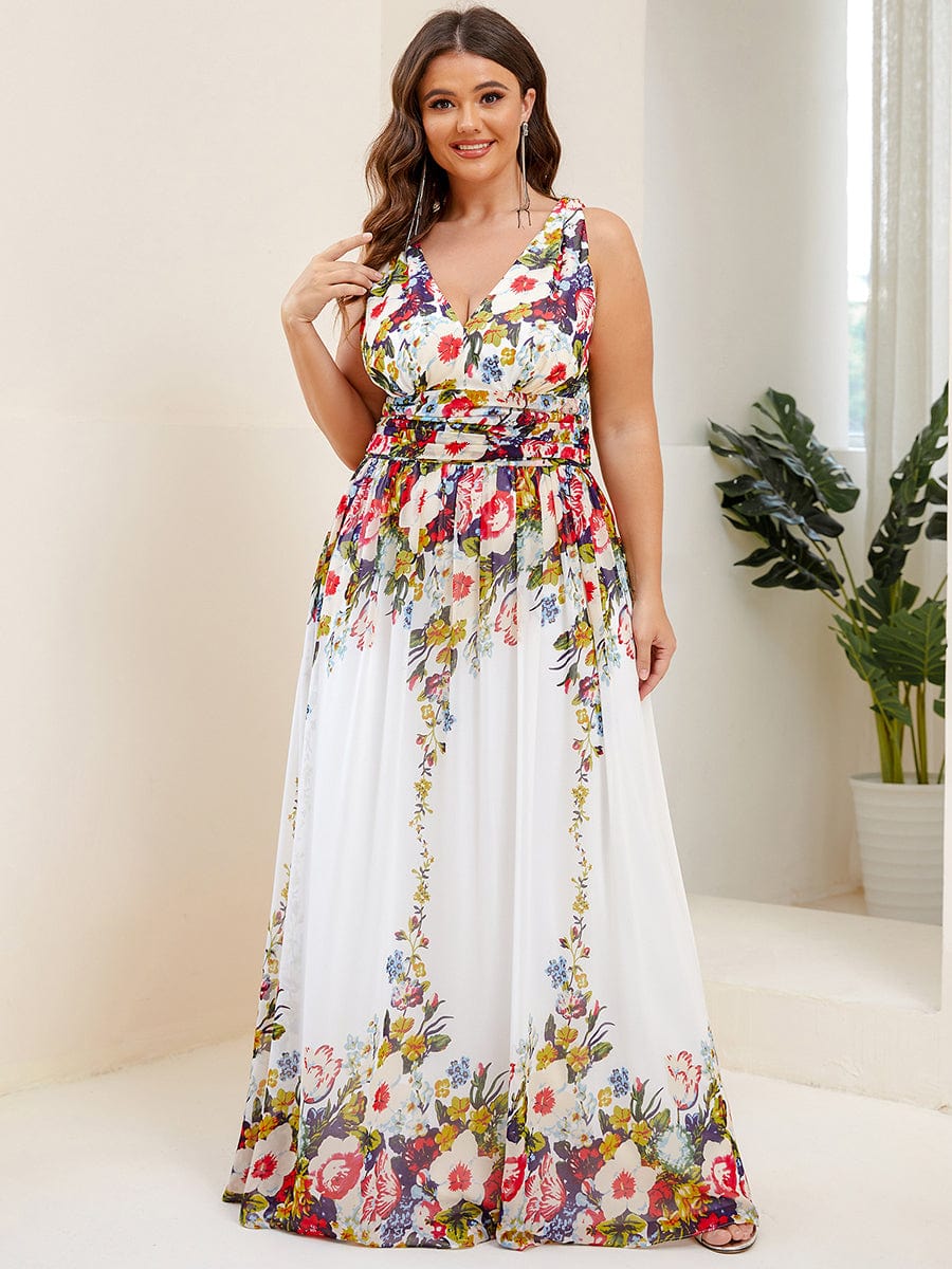 Pleated Sleeveless V-Neck Chiffon Maxi Dress #color_Printed Cream