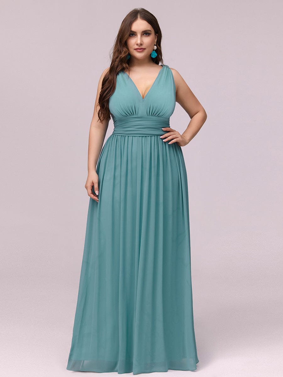 Plus Size Sleeveless V-Neck Semi-Formal Chiffon Bridesmaid Dress #color_Light Teal