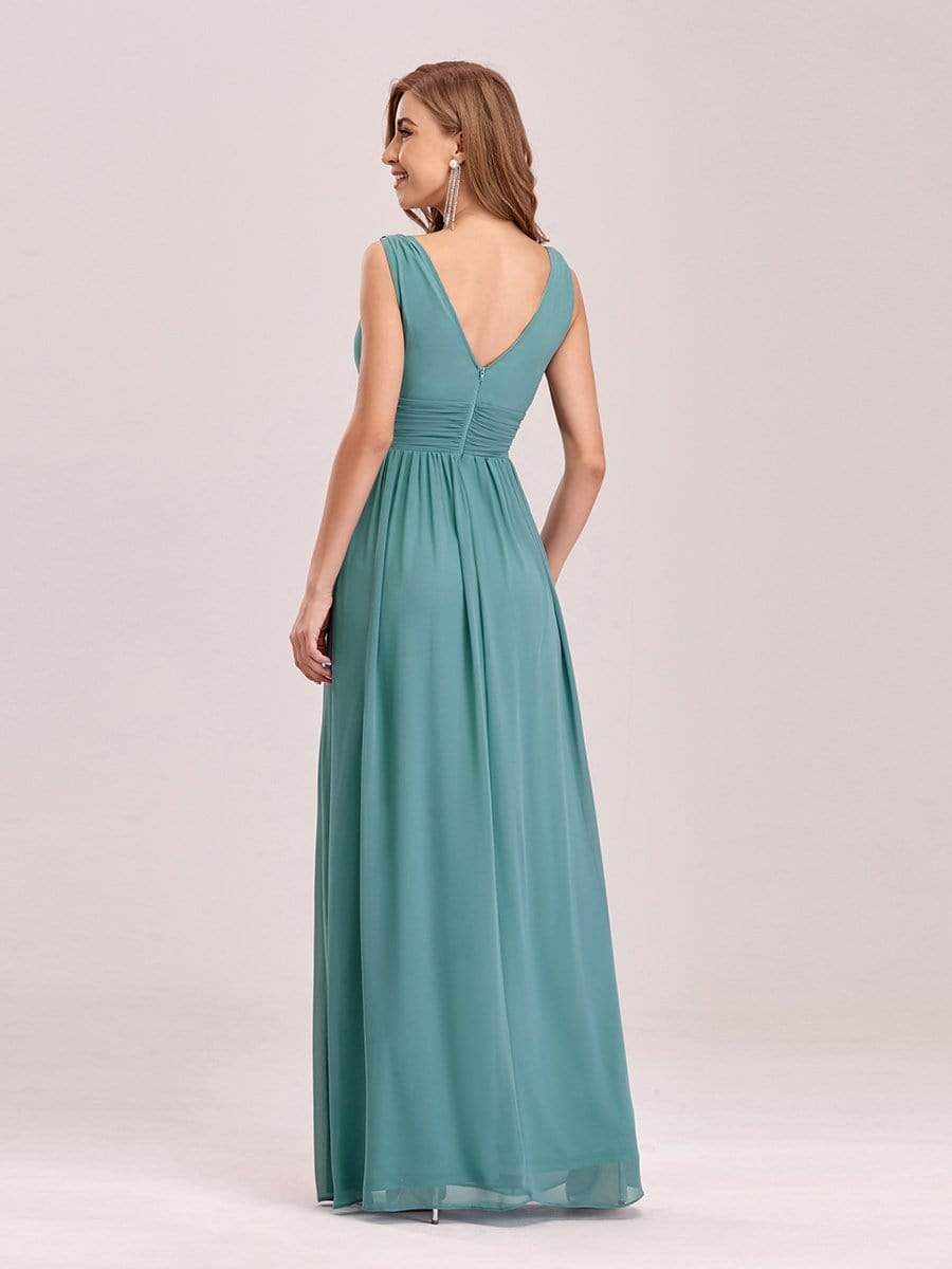 Pleated Sleeveless V-Neck Chiffon Maxi Dress #color_Light Teal