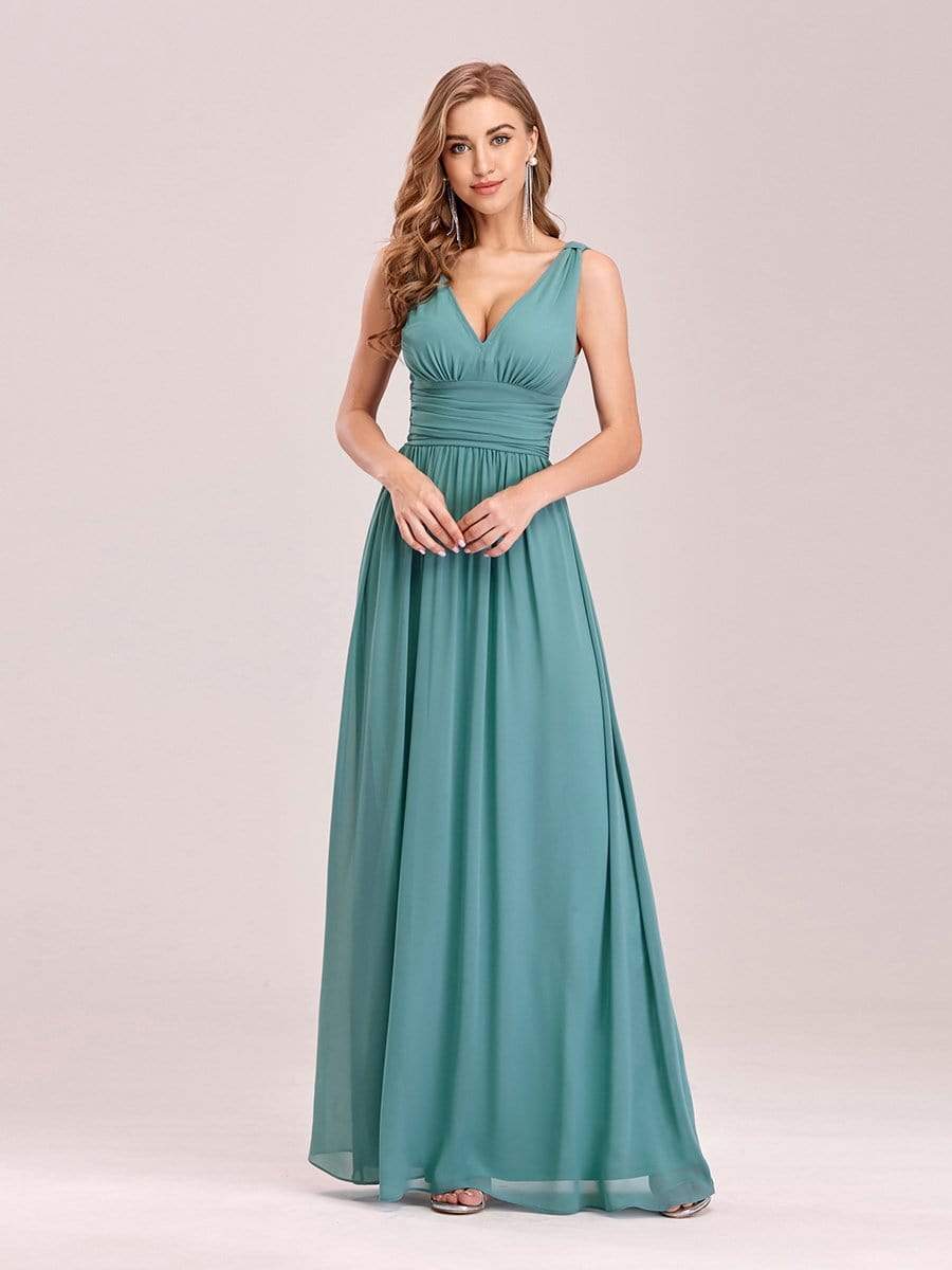 Pleated Sleeveless V-Neck Chiffon Maxi Dress #color_Light Teal