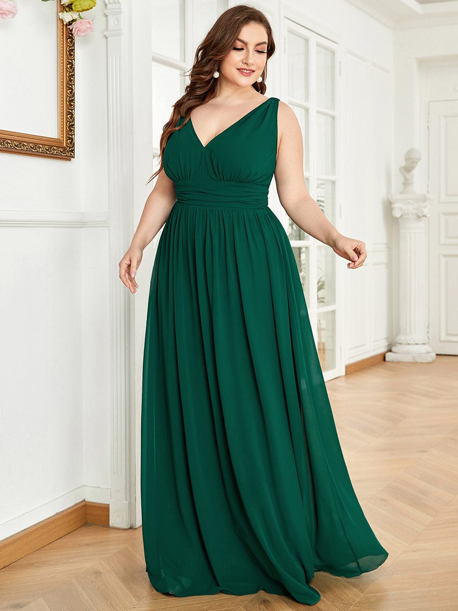 Plus Size Sleeveless V-Neck Semi-Formal Chiffon Bridesmaid Dress #color_Dark Green